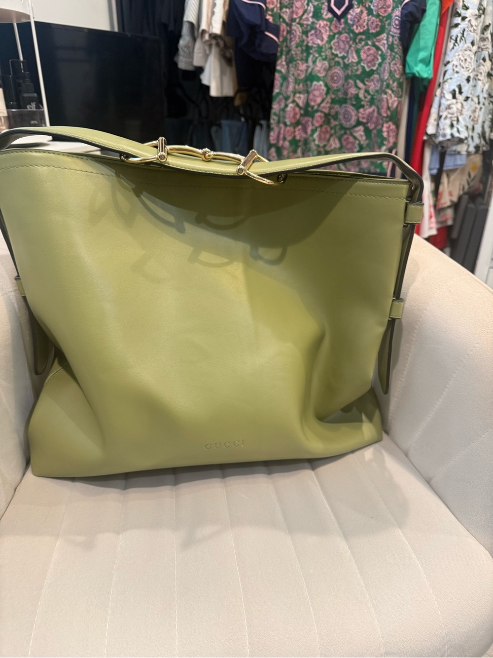 Gucci Olive Green Leather Tote with Gold Hardware